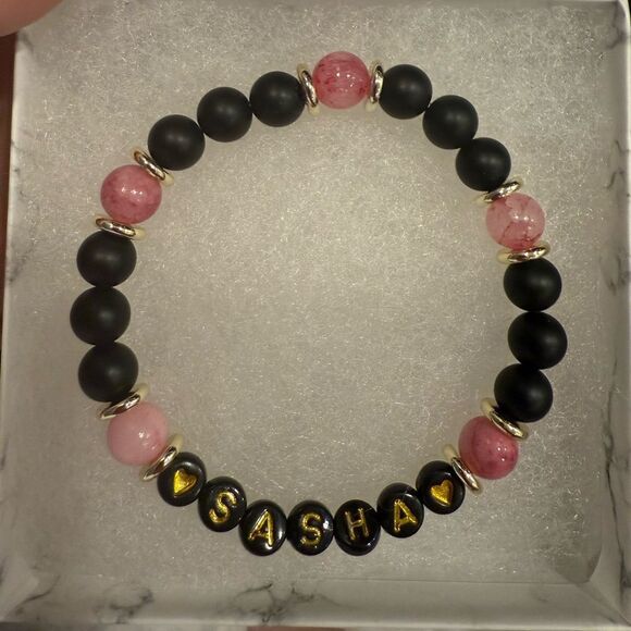 CUSTOM Black Onyx and Pink Jade Bracelet with 18k gold plated accents - Picture 1 of 1